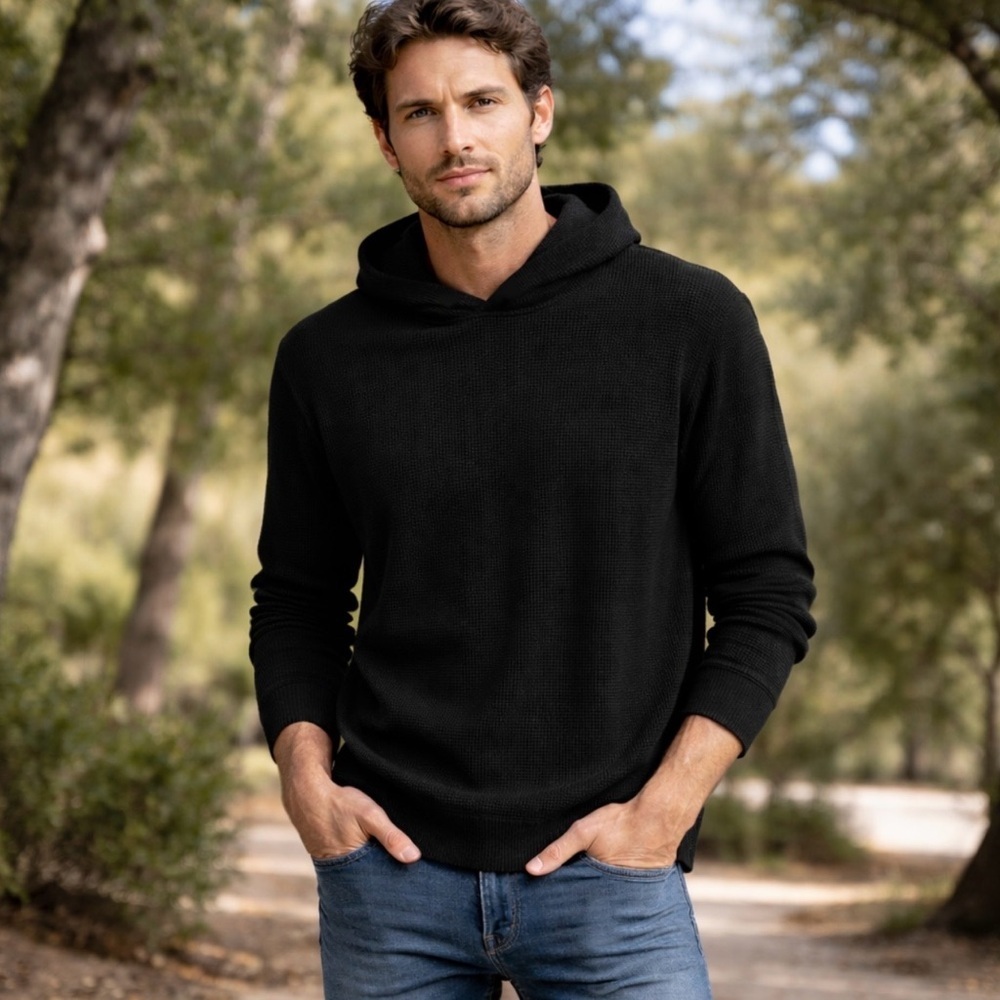 Vince Black Waffle Knit Thermal Hoodie Pullover Medium Lightweight Casual EUC